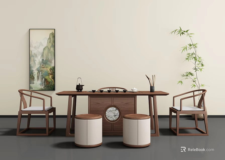 Traditional Chinese Tea Table And Chairs With Wall Art Potted Plant And Tea Utensils 3d model 