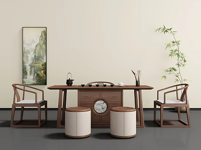 Traditional Chinese Tea Table And Chairs With Wall Art Potted Plant And Tea Utensils 3d model