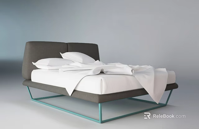 Double Bed With Gray Headboard White Sheets And Green Metal Frame Modern Design 3d model 