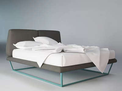 Double Bed With Gray Headboard White Sheets And Green Metal Frame Modern Design 3d model