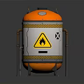 Industrial Storage Tank Cylindrical Orange Silver With Yellow Warning Stripes Flame Symbol Metal Stand Pipes
