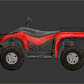Red All Terrain Four Wheeled Motorcycle Featuring Protective Bars And Large Off Road Tires