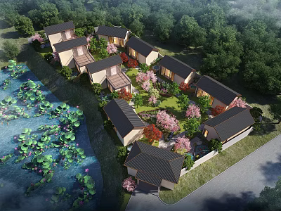 Aerial Planning of Traditional Houses With Lotus Pond Lush Trees And Cherry Blossoms 3d model