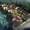 Aerial Planning of Traditional Houses With Lotus Pond Lush Trees And Cherry Blossoms
