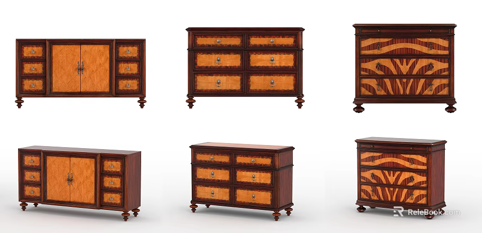 Various Wooden Dressers With Intricate Patterns Multiple Drawers And Classic Legs 3d model 