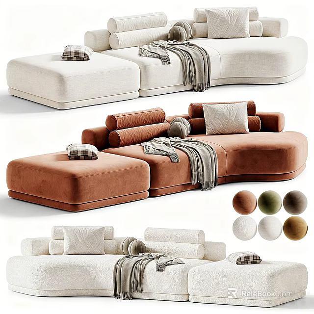 Modern Sectional Sofa in Beige and Brown with Plush Pillows and Throw Blankets 3d model 