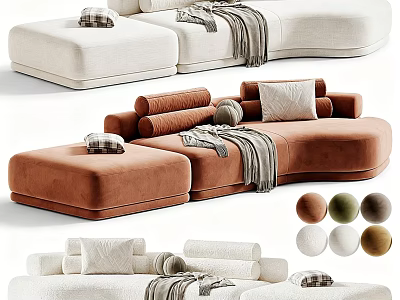 Modern Sectional Sofa in Beige and Brown with Plush Pillows and Throw Blankets 3d model