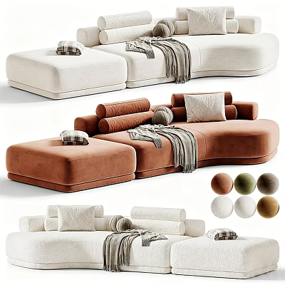 Modern Sectional Sofa in Beige and Brown with Plush Pillows and Throw Blankets 3d model