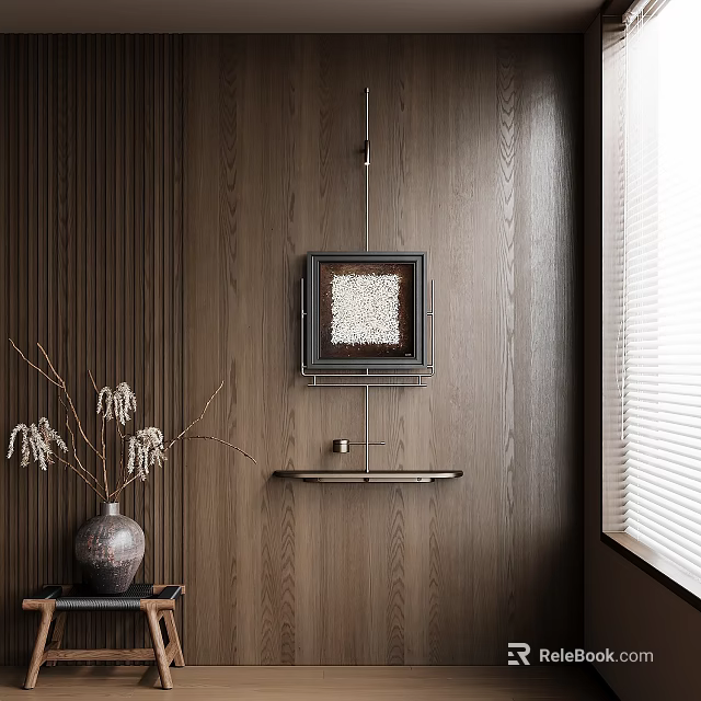 Elegant Interior Design With Wooden Wall Art Vase And Window Blinds 3d model 