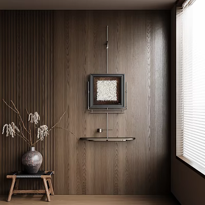 Elegant Interior Design With Wooden Wall Art Vase And Window Blinds 3d model