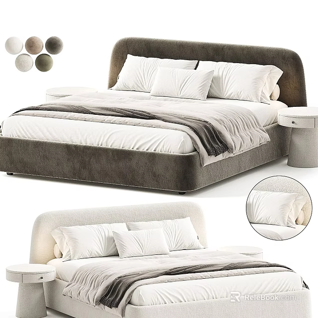Modern Double Bed With Soft Velvet Headboard White Pillows Blanket And Circular Decor 3d model 