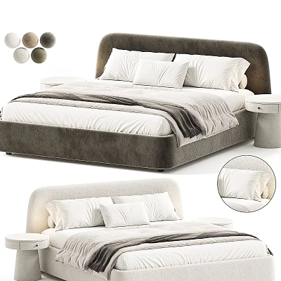 Modern Double Bed With Soft Velvet Headboard White Pillows Blanket And Circular Decor 3d model