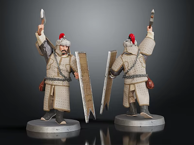 Ancient Warrior Figure In Traditional Clothing With Red Feather Hat Sword Shield Two Angles 3d model