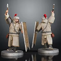Ancient Warrior Figure In Traditional Clothing With Red Feather Hat Sword Shield Two Angles