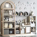 Wooden Kids Storage Shelves With Stuffed Toys Decorative Boxes And String Lights