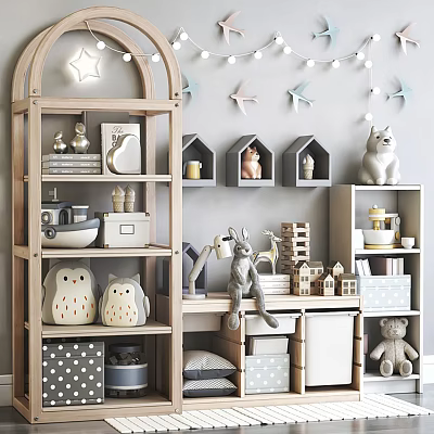 Wooden Kids Storage Shelves With Stuffed Toys Decorative Boxes And String Lights 3d model