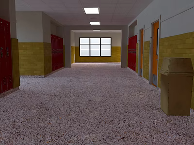 Elevator Hallway Interior With Red Lockers Yellow Walls Window Ceiling Lights And Speckled Floor 3d model