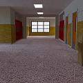 Elevator Hallway Interior With Red Lockers Yellow Walls Window Ceiling Lights And Speckled Floor 3d model