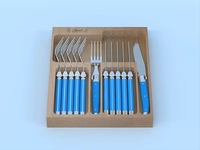 Cutlery Set With Blue Handles In Wooden Box Including Forks Knives And Spoons 3d model