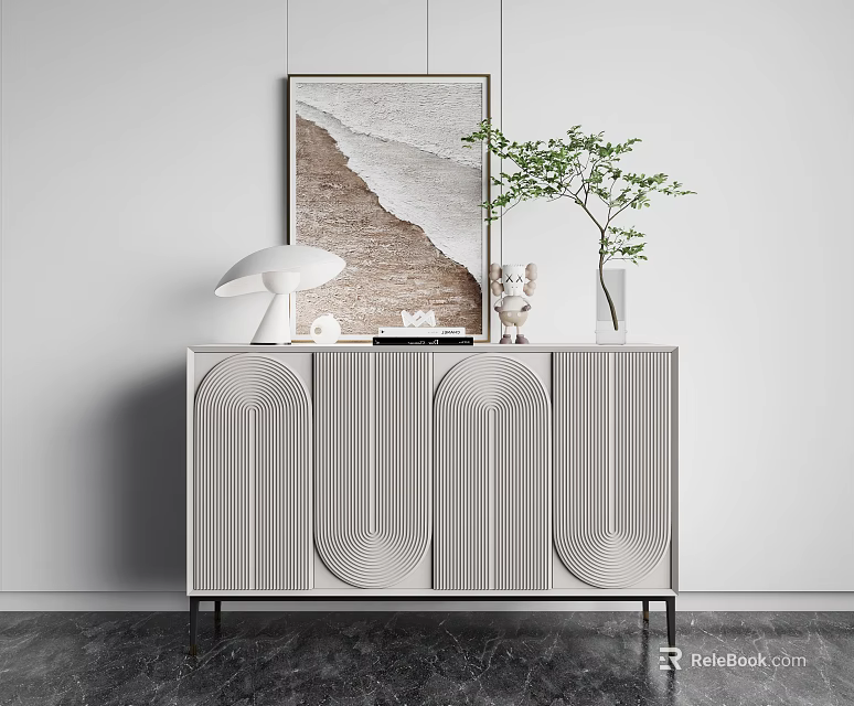 Minimalist Modern Entryway Console Table With Curved Pattern Doors Green Plant Lamp And Artwork 3d model 