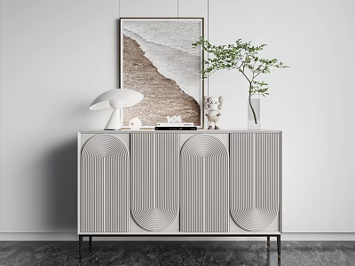 Minimalist Modern Entryway Console Table With Curved Pattern Doors Green Plant Lamp And Artwork 3d model