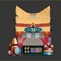 Vibrant Beach Hut Building Featuring Thatched Roof Green White Striped Awning Lifebuoy And Colorful Balls
