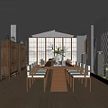 Elegant Clubhouse Interior With Wooden Dining Table Chairs Screen Partitions Wall Paintings And Warm Lighting