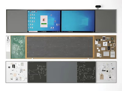 Modern Educational Workspace With Multiple Displays Blackboard Charts And Written Notes 3d model