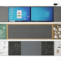 Modern Educational Workspace With Multiple Displays Blackboard Charts And Written Notes 3d model