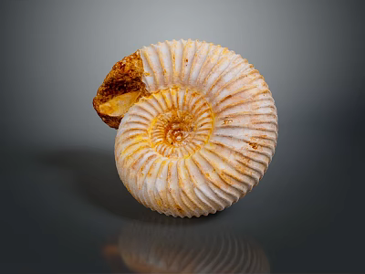 Ammonite Fossil With Spiral Texture And Yellowish White Shell On Dark Background 3d model