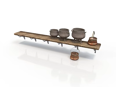 Wooden Wall Storage Shelf With Metal Hooks And Hanging Pots Kettle Containers 3d model