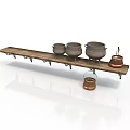 Wooden Wall Storage Shelf With Metal Hooks And Hanging Pots Kettle Containers