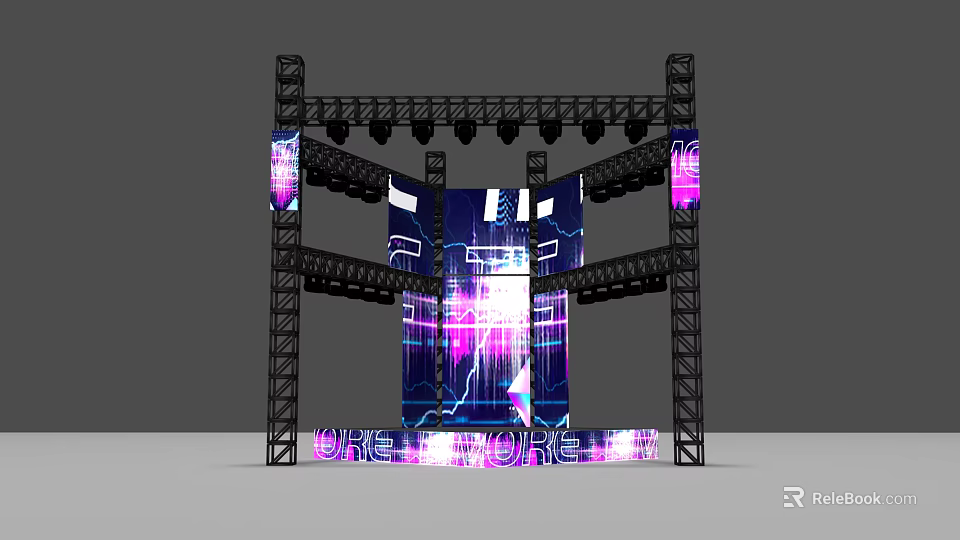 Stage Setup Black Truss Purple Blue Lighting Lightning Pattern Backdrop And WHERE WE ARE Text 3d model