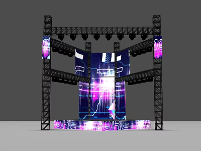Stage Setup Black Truss Purple Blue Lighting Lightning Pattern Backdrop And WHERE WE ARE Text 3d model