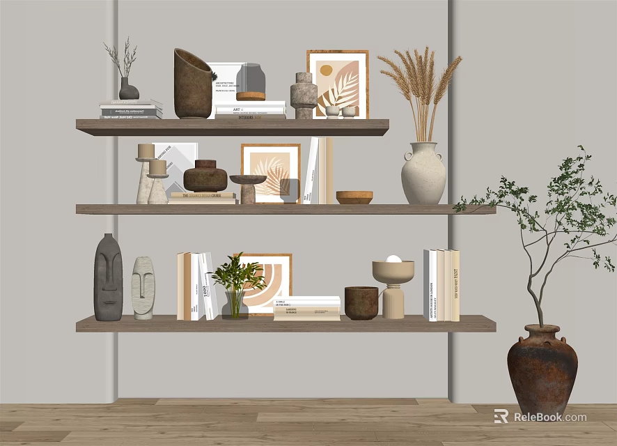 Modern Decorative Ornaments Set on Shelves with Vases Picture Frames Books and Plants 3d model 