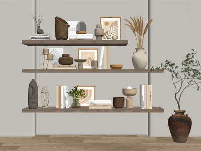 Modern Decorative Ornaments Set on Shelves with Vases Picture Frames Books and Plants 3d model
