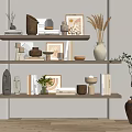 Modern Decorative Ornaments Set on Shelves with Vases Picture Frames Books and Plants