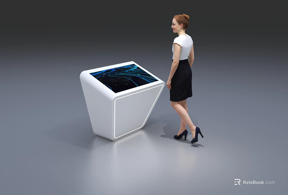 Public Facility Interactive Kiosk Modern White Design With Digital Display And Woman Standing 3d model 