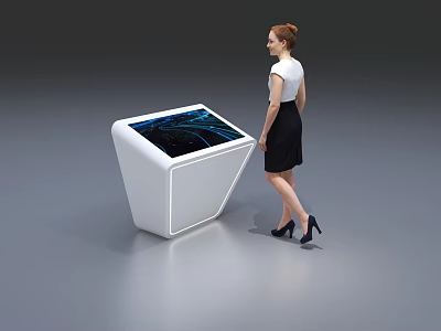 Public Facility Interactive Kiosk Modern White Design With Digital Display And Woman Standing 3d model
