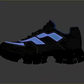 Black Sneakers With Neon Blue Accents Thick Traction Sole And Modern Upper Design
