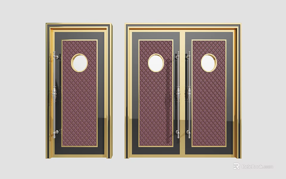 Elegant Swing Door With Gold Frame Burgundy Diamond Panel Round Glass Window And Metal Handle 3d model 
