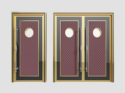 Elegant Swing Door With Gold Frame Burgundy Diamond Panel Round Glass Window And Metal Handle 3d model