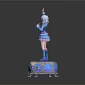 Anime Game Character Statue with Silver Hair Blue Outfit Raised Hand and Decorative Base