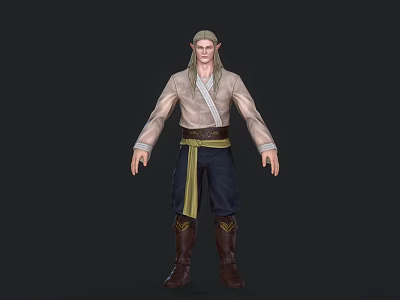 Fantasy Elf Character With Long Hair Beige Shirt Dark Pants Yellow Belt And Brown Boots 3d model