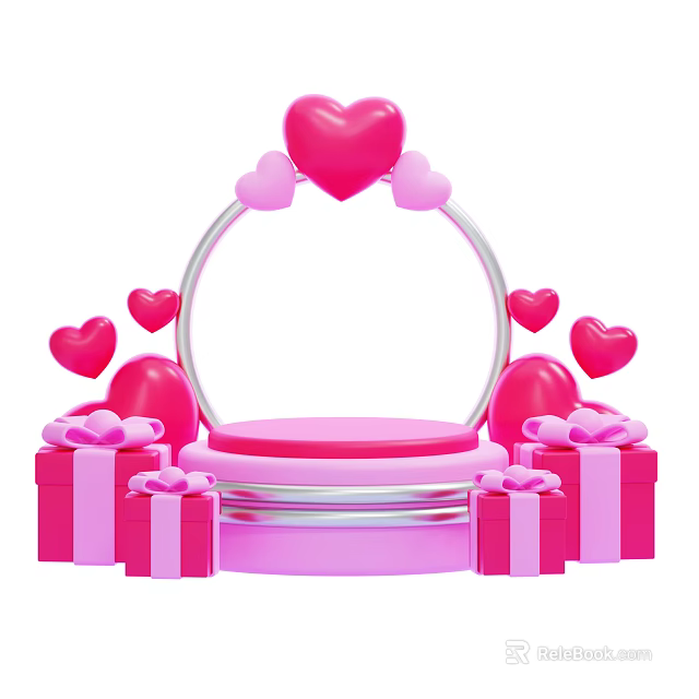 Pink Ornament Decoration Set With Circular Ring Pink Hearts And Gift Boxes 3d model 