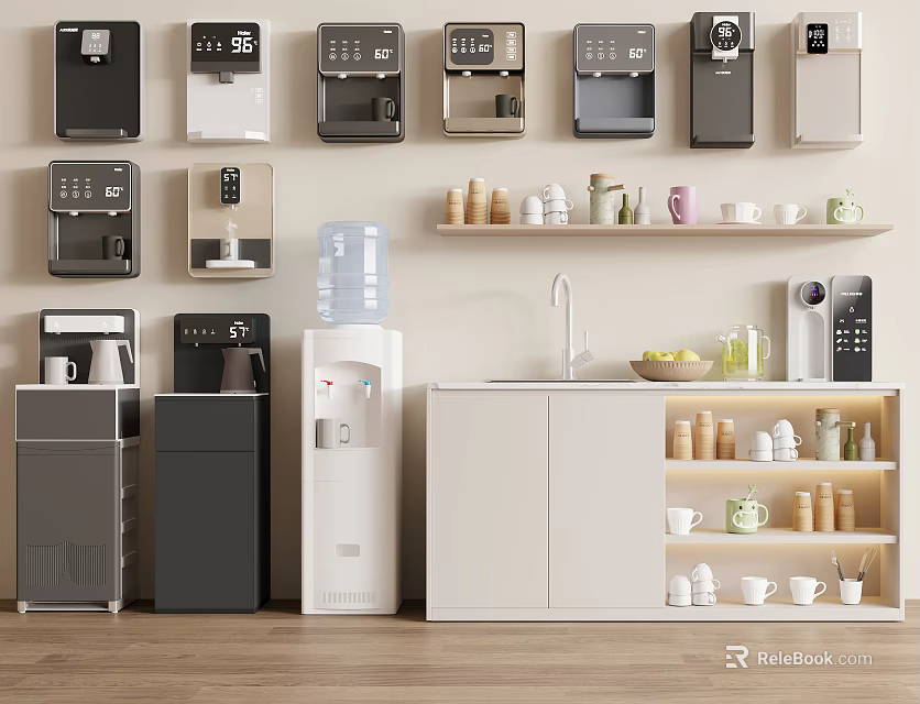 Variety Of Water Dispensers And Coffee Machines In Kitchen Interior 3d model 