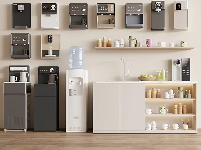Variety Of Water Dispensers And Coffee Machines In Kitchen Interior 3d model
