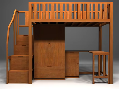 Wooden Bunk Bed With Staircase Storage Drawers Wardrobe And Desk 3d model