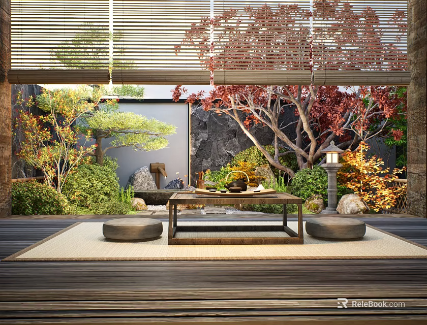 Japanese Courtyard Garden Design With Red Maple Trees Green Plants Stone Lantern And Wooden Table 3d model 