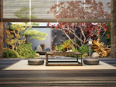 Japanese Courtyard Garden Design With Red Maple Trees Green Plants Stone Lantern And Wooden Table 3d model